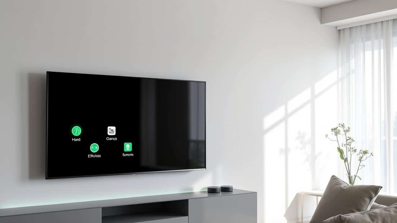Uma TV 4K moderna e eficiente integrada a um ambiente de casa inteligente com design minimalista.