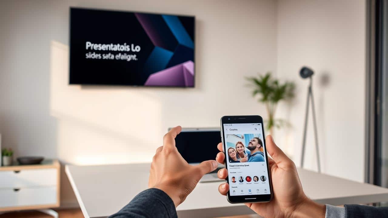 Ambiente de escritório com TV espelhando uma apresentação ou página web via Chromecast para produtividade.
