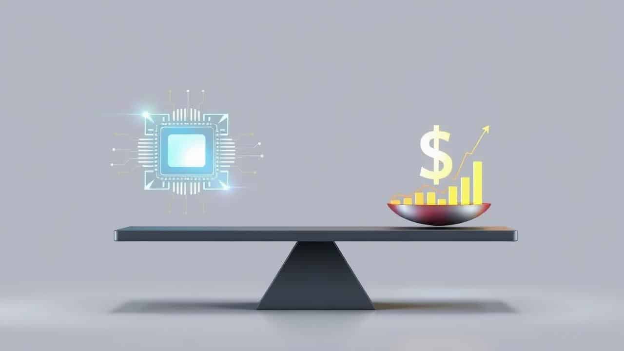 Balança digital moderna equilibrando tecnologia e economia, simbolizando uma compra inteligente de TV 4K.