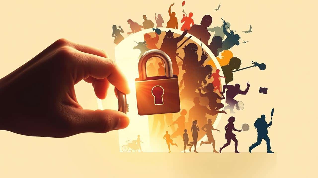 Mão segurando chave, abrindo portal para ícones de entretenimento, simbolizando a escolha.