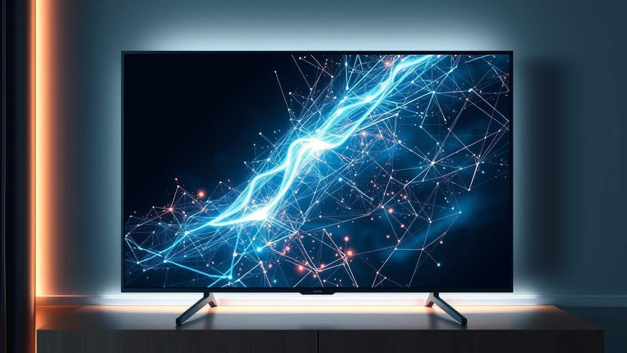 Cena de filme exibida em TV 4K, com elementos abstratos de IA e ondas sonoras 3D simbolizando áudio imersivo.