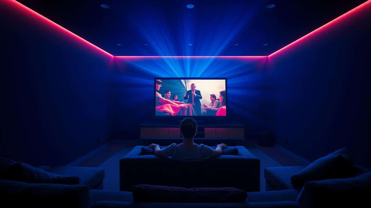 Pessoa em sala de home theater imersa em som tridimensional Dolby Atmos