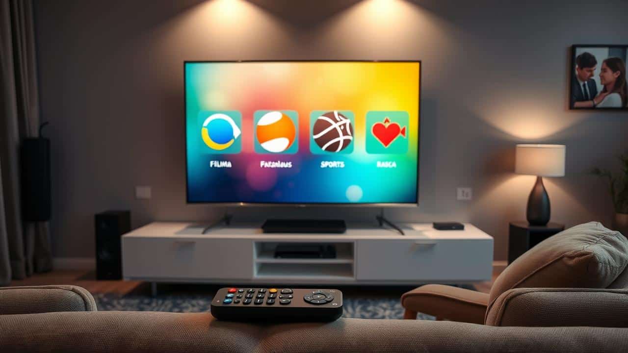 Sala de estar com TV exibindo canais de streaming.