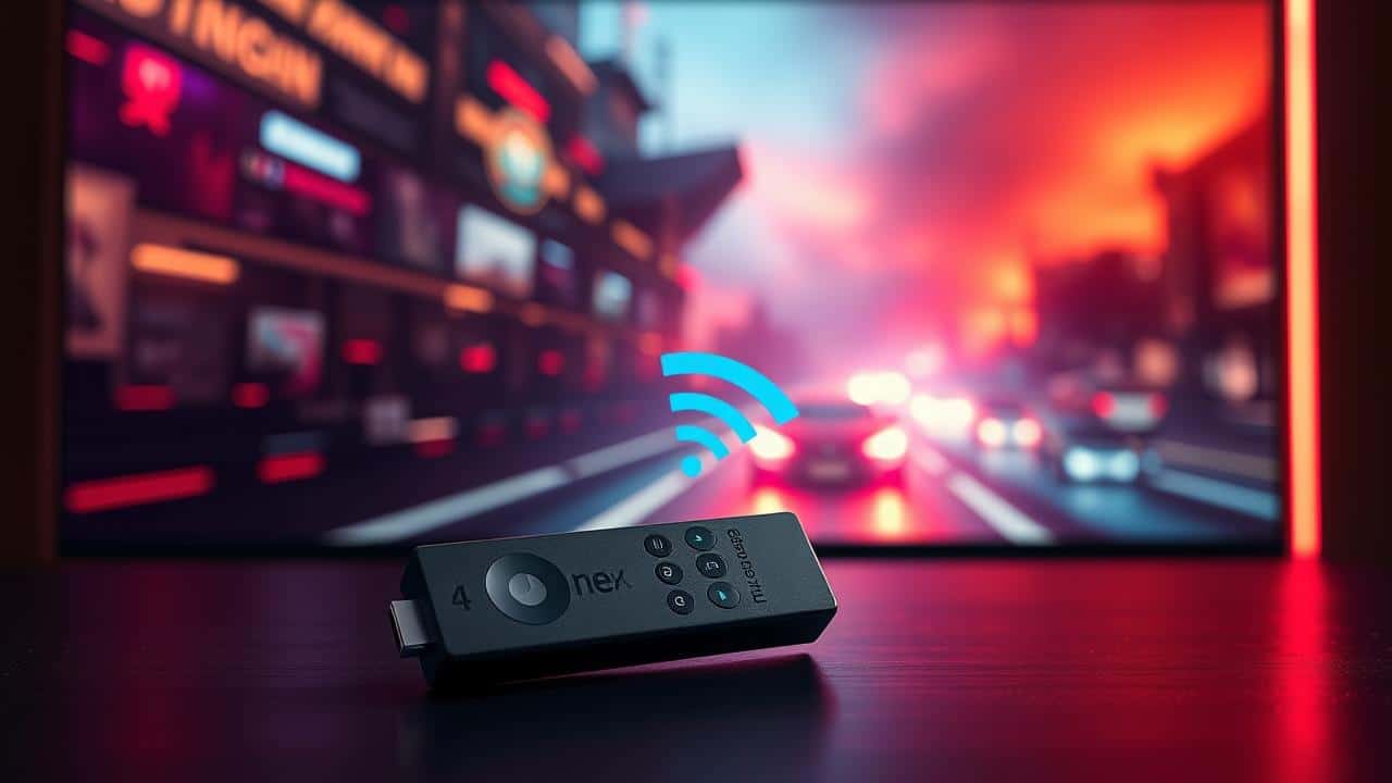 TV 4K com cena vívida e Fire TV Stick 4K emitindo elementos de velocidade e Wi-Fi 6.
