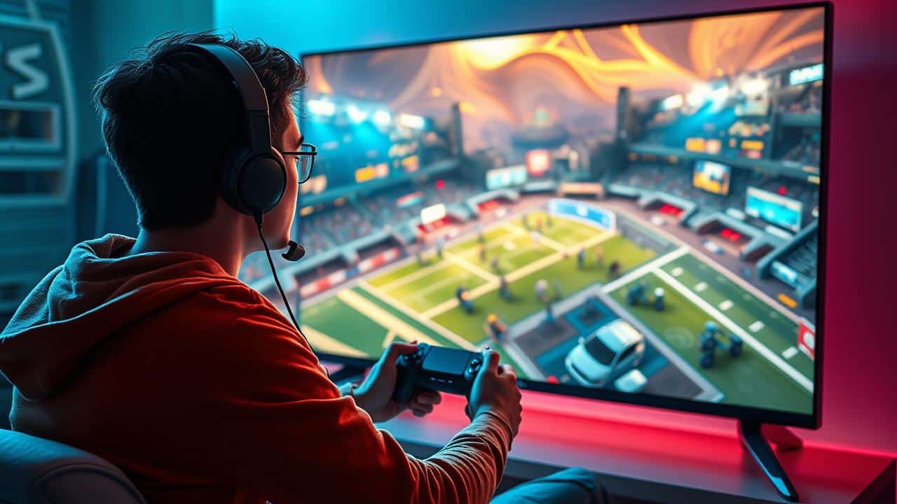 Jovem gamer imerso em um jogo de alta resolução em uma grande TV 4K, destacando a fluidez da imagem.