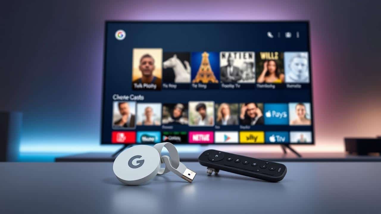 Chromecast com Google TV e controle remoto, com uma TV mostrando a interface do Google TV, simbolizando a revolução da interface.