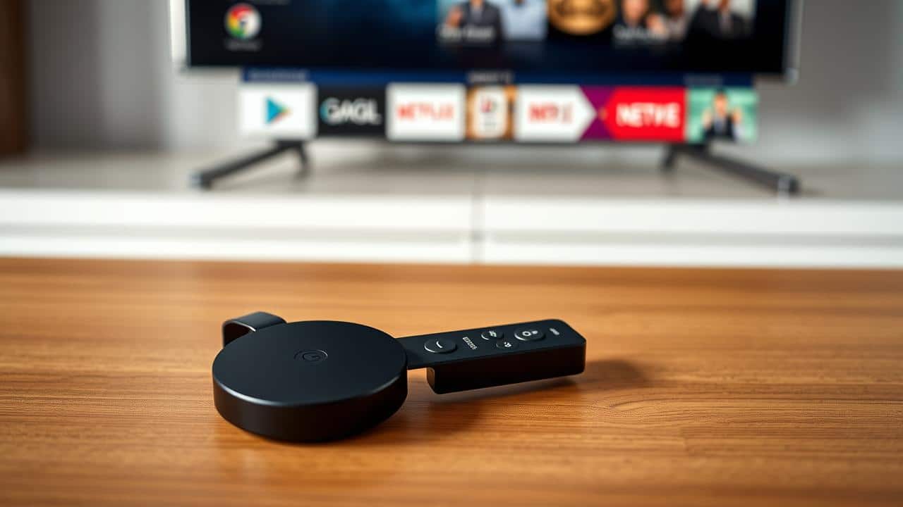Controle remoto físico do Chromecast com Google TV em close-up, apontando para uma televisão.