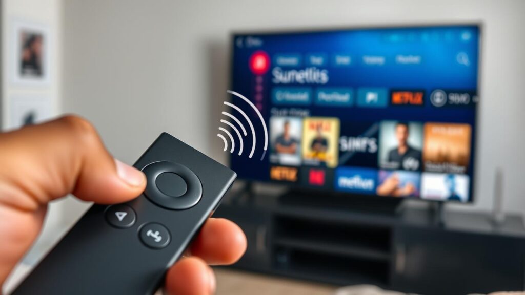 Mão usando controle remoto de streaming com comando de voz para TV.
