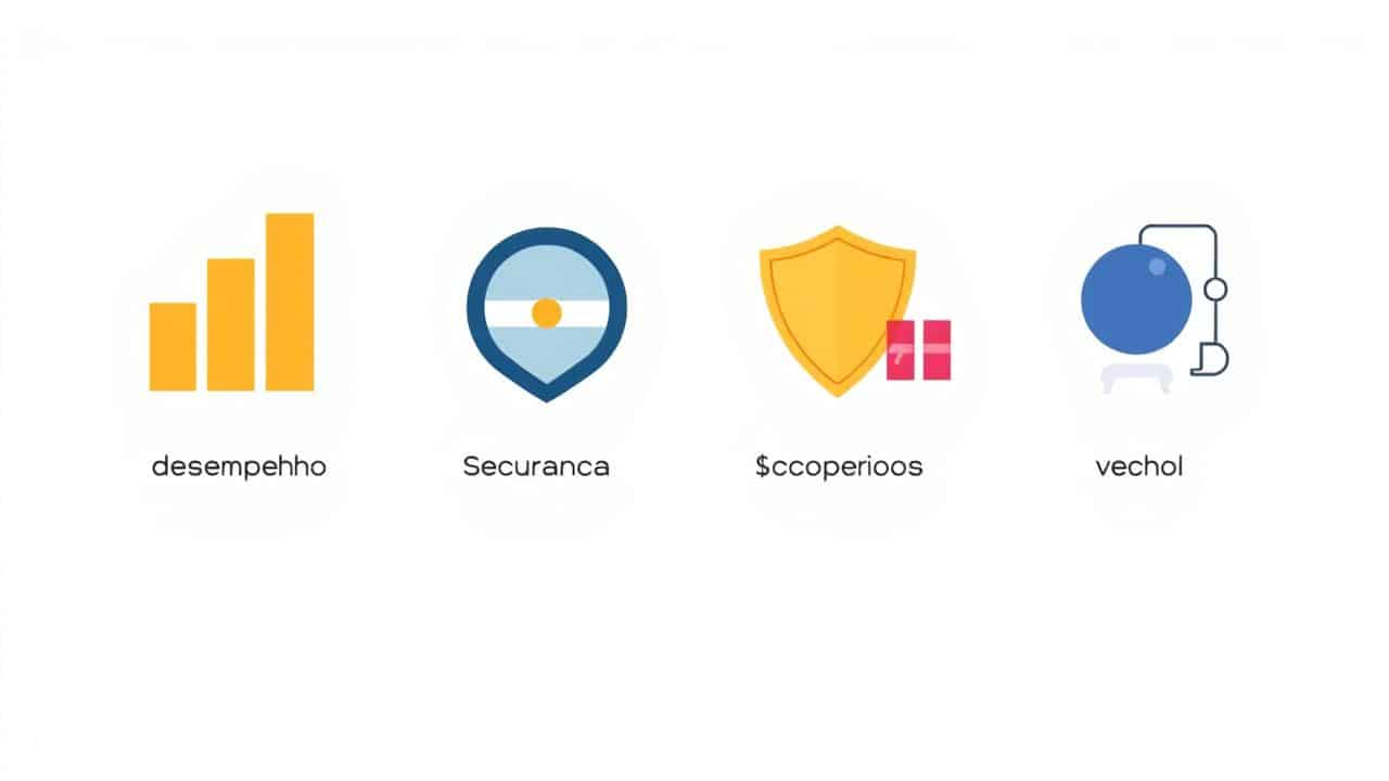 Quatro ícones planos representando desempenho, segurança, novas funcionalidades e compatibilidade de um dispositivo.
