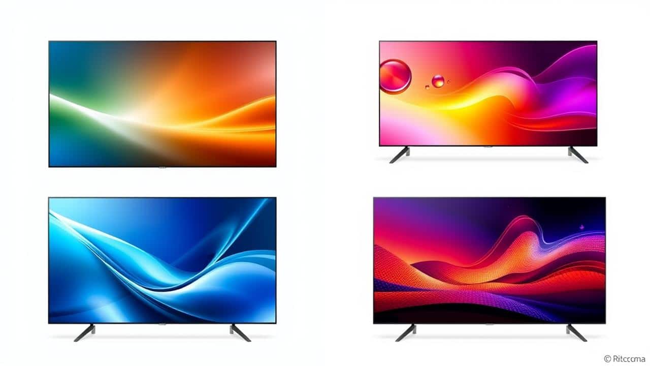 Display dividido com representações visuais das TVs 4K de 2025 das marcas Samsung, LG, Hisense e TCL.