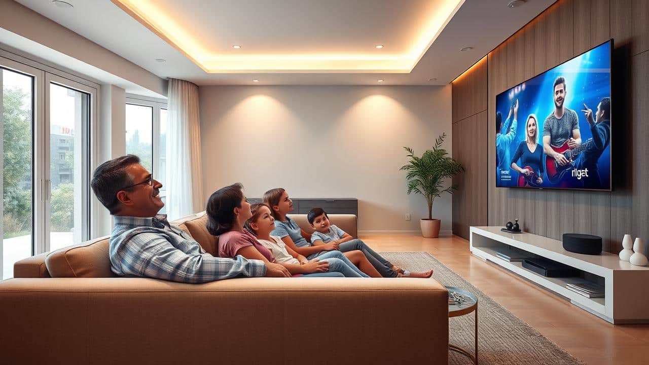 Família assistindo TV de 55 polegadas na distância ideal.