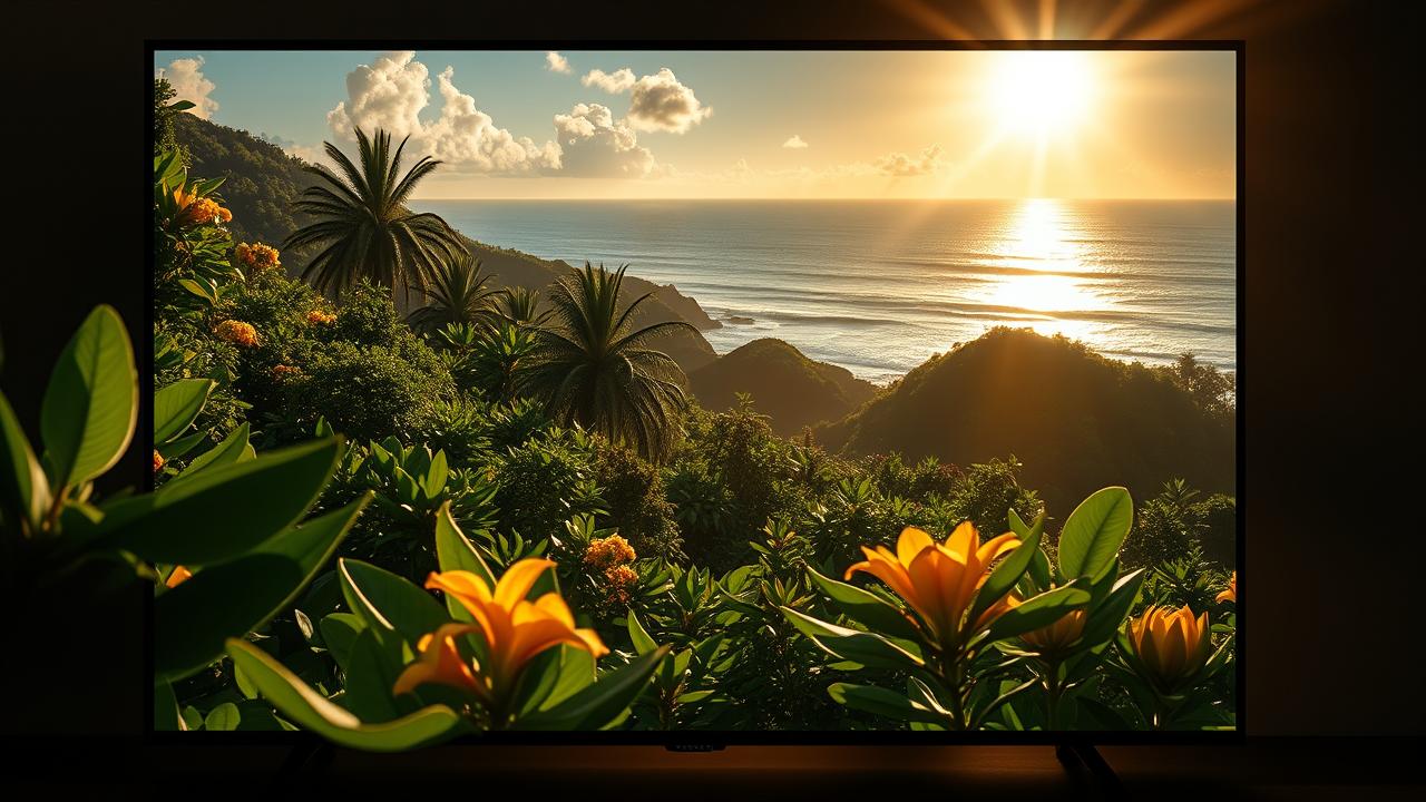 Cena de paisagem 4K vibrante, com detalhes e cores realçados por HDR e Dolby Vision