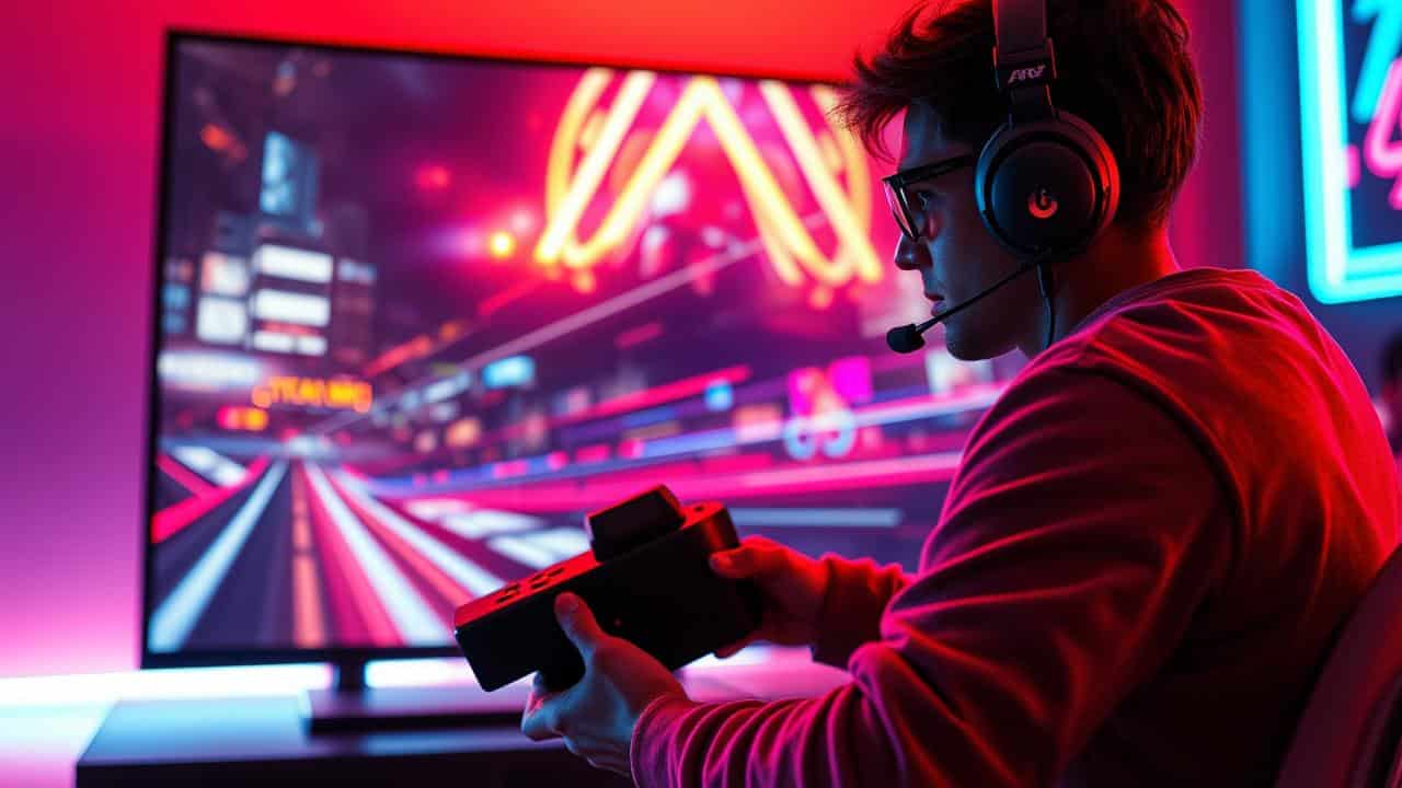 Gamer focado em TV 4K vibrante com cena de jogo de alta fluidez, em ambiente de jogo imersivo com neon.