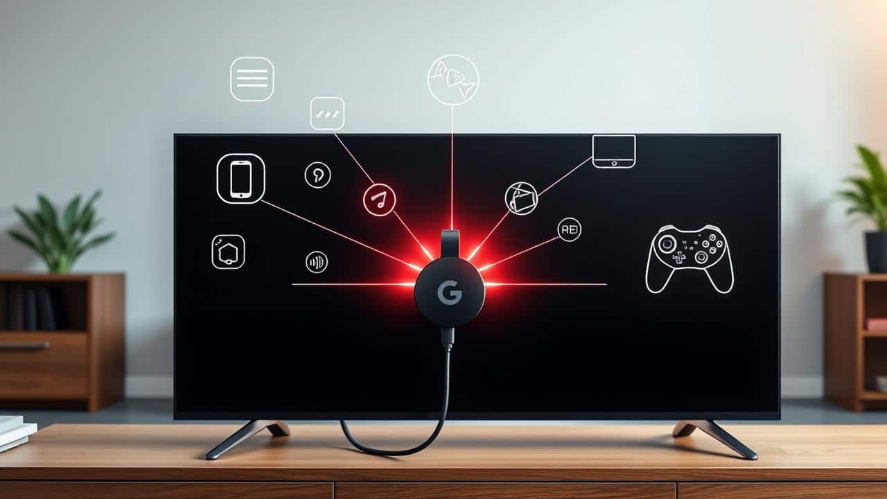 Google Chromecast transformando uma TV em um centro multimídia com ícones de streaming, jogos e produtividade.