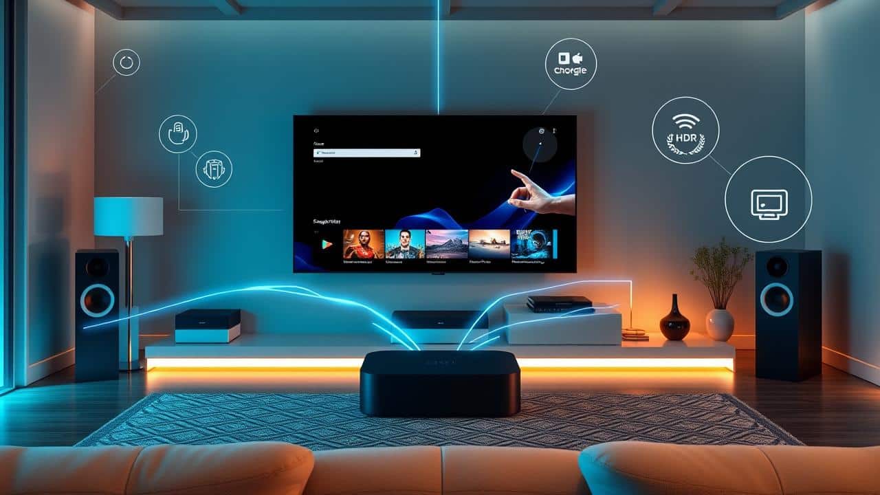 Google TV Streamer como hub central, conectado a TV 4K, sistema Dolby Atmos e dispositivos de casa inteligente.