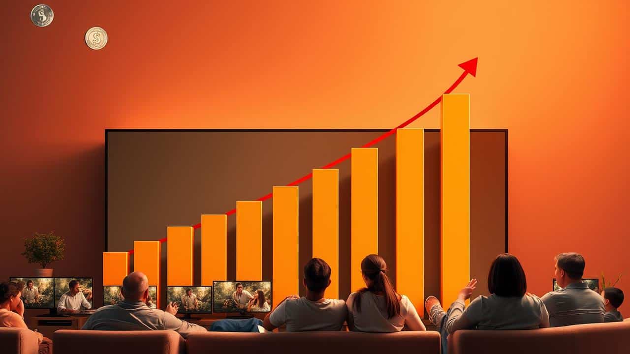 Gráfico de barras dinâmico mostrando o crescimento do mercado de TV 4K em 2025, com símbolos de valor monetário e famílias.