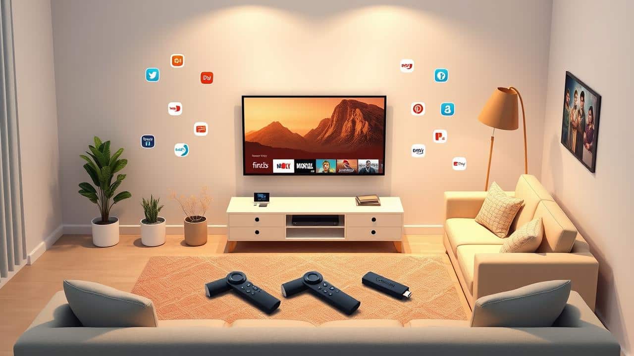 Ilustração isométrica de sala de estar com TV, vários Fire TV Sticks e ícones de streaming flutuantes, representando entretenimento.