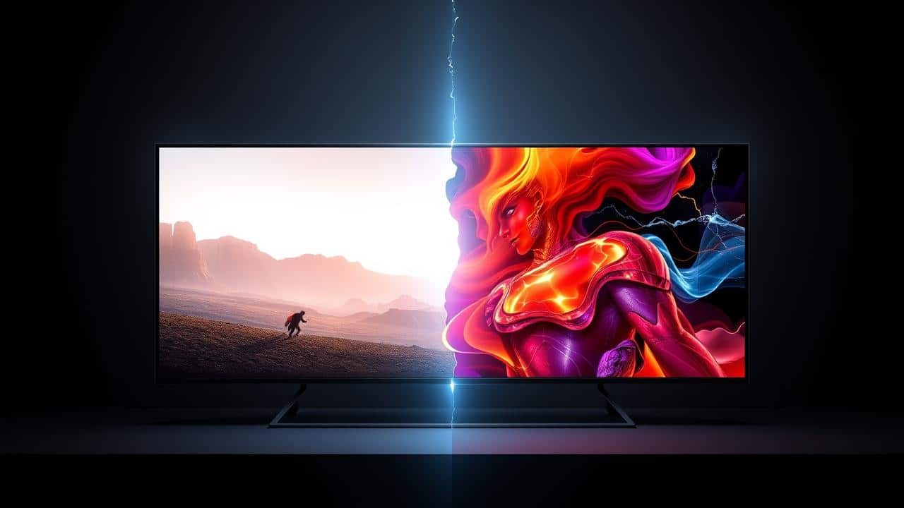 Ilustração 'antes e depois' da TV, destacando a transformação da qualidade de imagem e som com tecnologias avançadas e IA.