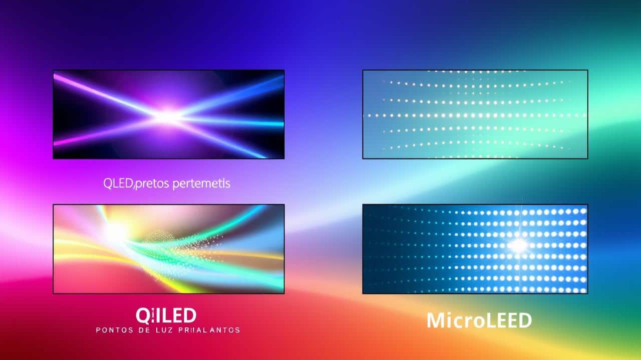 Ilustração comparativa das tecnologias de display 4K: OLED, Mini LED, QLED e MicroLED, destacando suas características.