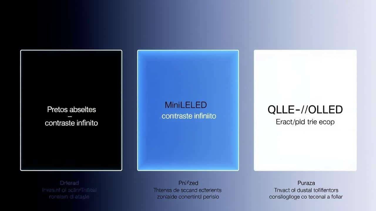 Ilustração conceitual das tecnologias de tela OLED, Mini LED e QLED, destacando pretos, brilho e cores.