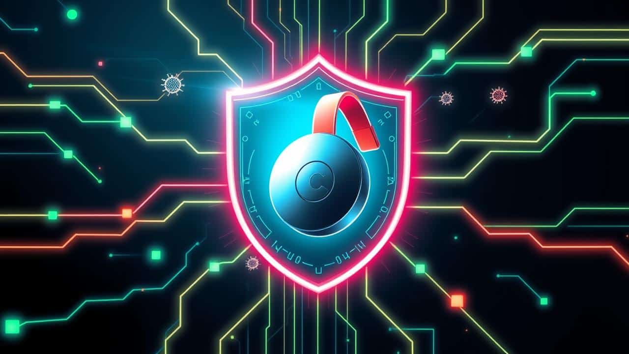 Ilustração conceitual de segurança digital mostrando um escudo protegendo um dispositivo de streaming contra ameaças cibernéticas.