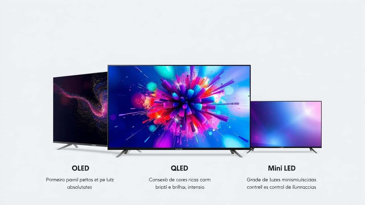 Representação conceitual das tecnologias de painel OLED (pretos), QLED (cores vibrantes) e Mini LED (luz precisa).