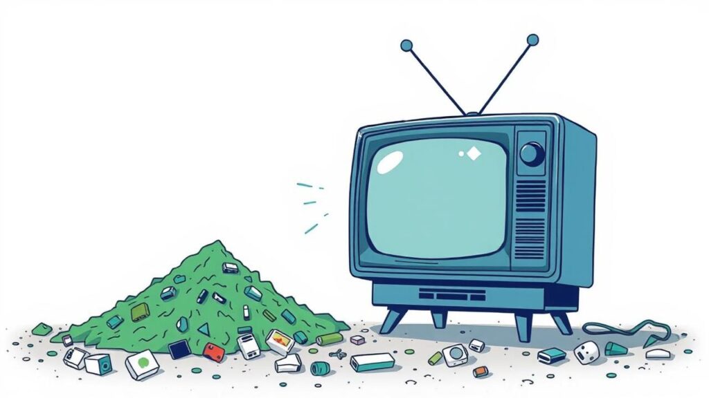 Ilustração da mão 'salvando' uma TV antiga de uma pilha de lixo eletrônico, simbolizando sustentabilidade.