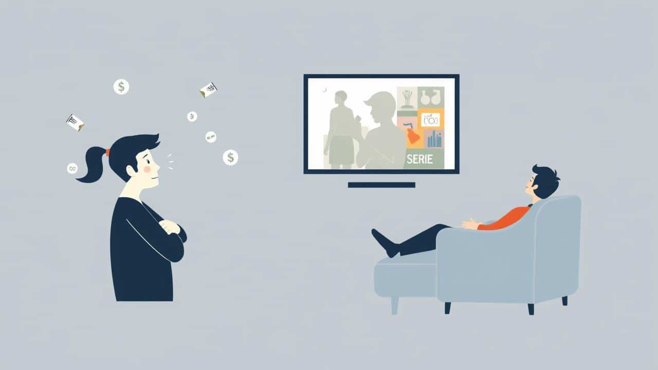 Pessoa preocupada com custos vs. relaxada com streaming grátis.