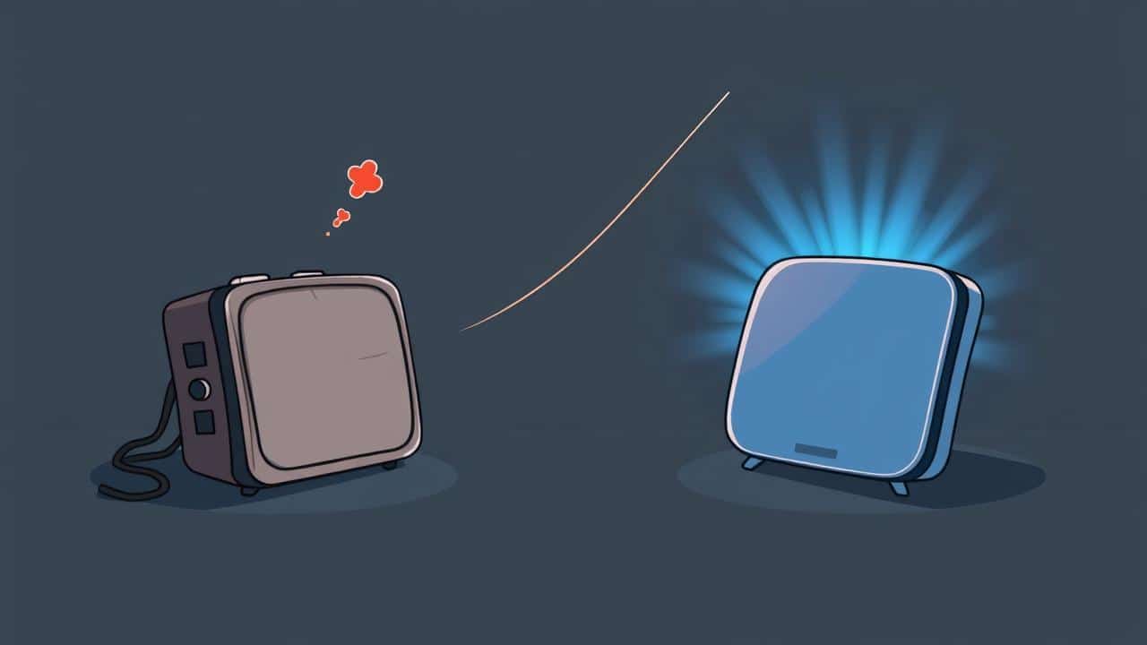 Ilustração contrastante de um dispositivo de streaming antigo e vulnerável ao lado de um novo e seguro, simbolizando a necessidade de upgrade.