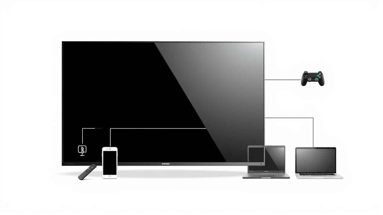 Ilustração de Smart TV 32 polegadas como hub central conectando dispositivos via Wi-Fi, Bluetooth, HDMI e USB.