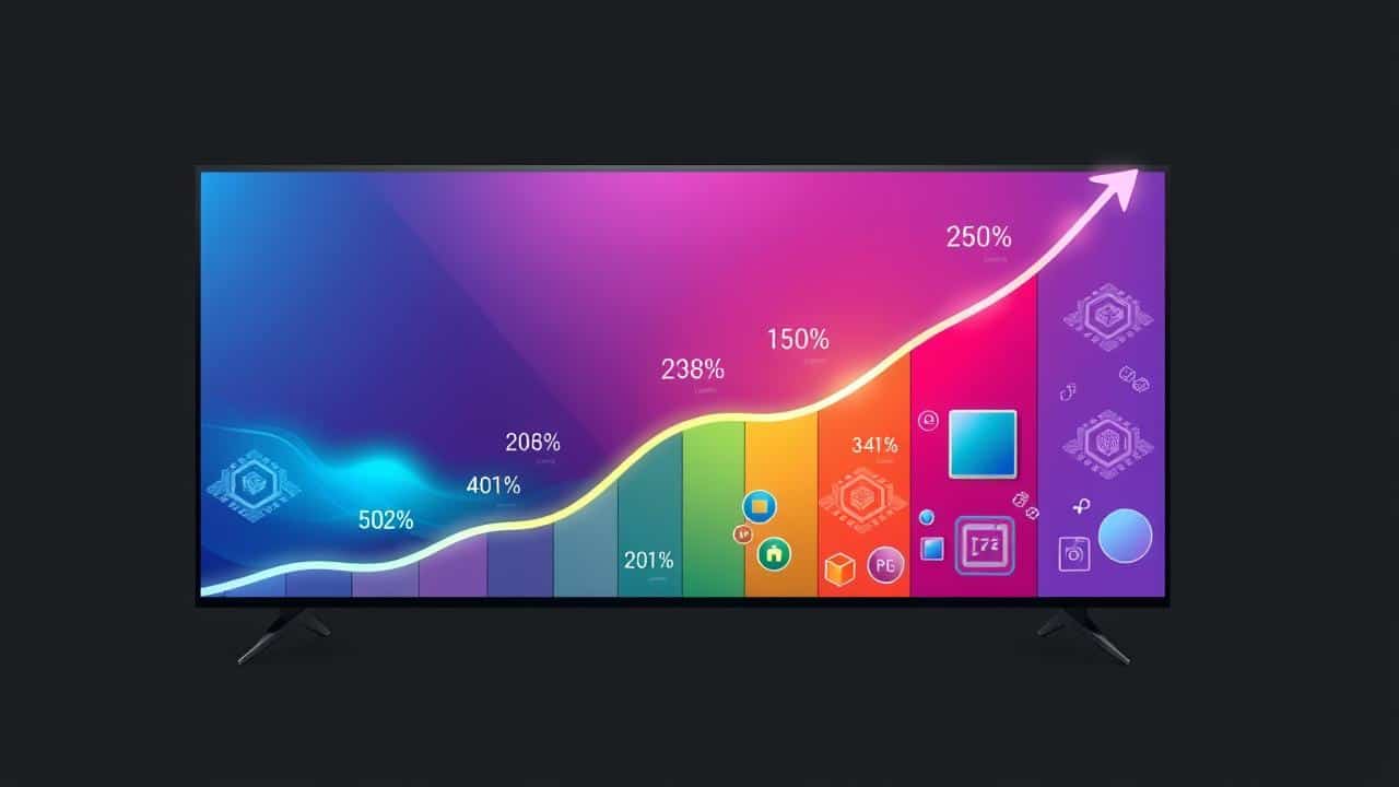 Ilustração de crescimento do mercado de TVs 4K, com gráficos ascendentes e ícones tecnológicos que representam inovação.