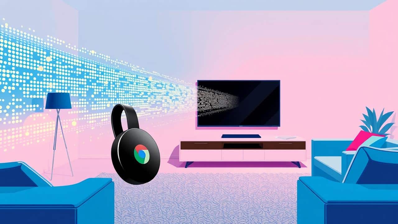 Ilustração de um Chromecast com dados fluindo para uma TV, simbolizando streaming ininterrupto.
