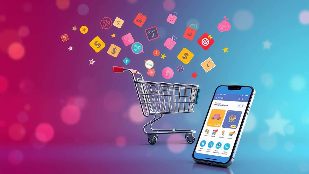 Ilustração moderna de um carrinho de compras virtual com ícones de dinheiro e desconto, simbolizando a busca por ofertas em e-commerce.