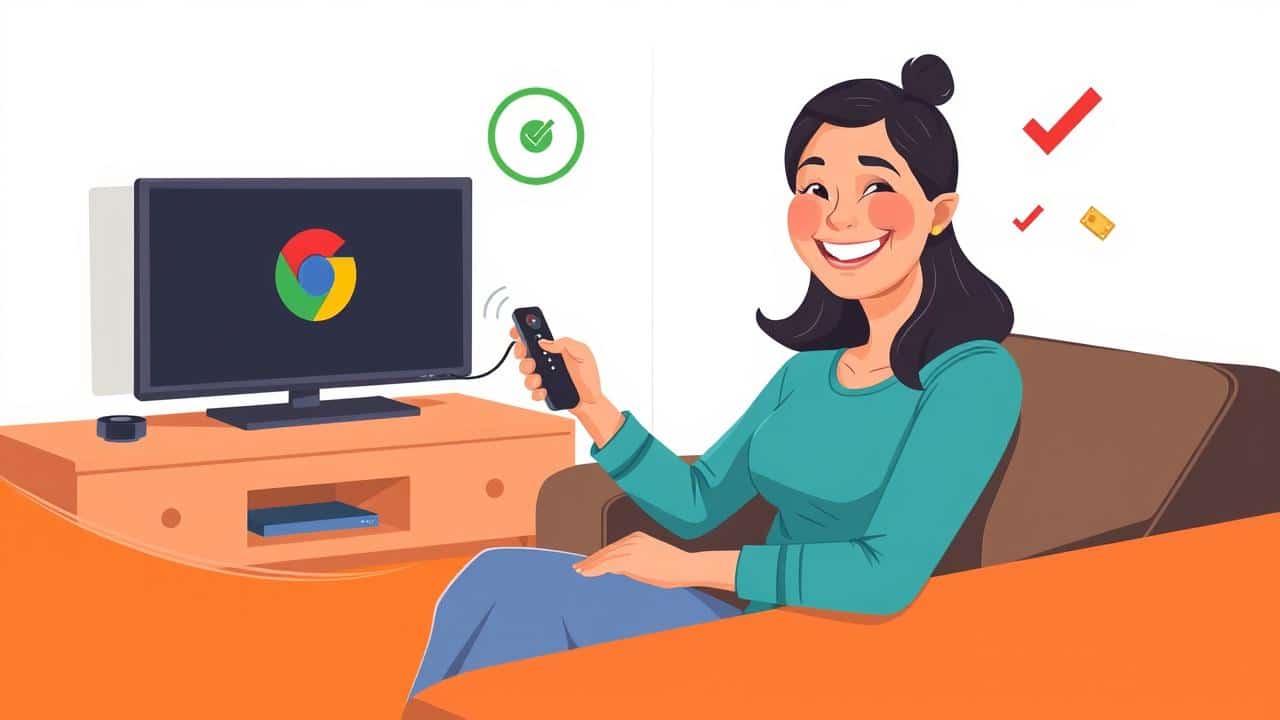 Pessoa assistindo TV feliz com Chromecast, simbolizando entretenimento após compra inteligente.