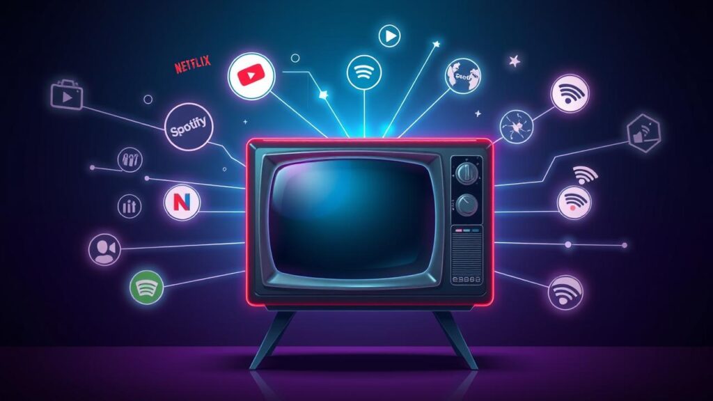 Ilustração isométrica futurista de uma TV antiga se transformando em Smart TV com ícones de streaming.