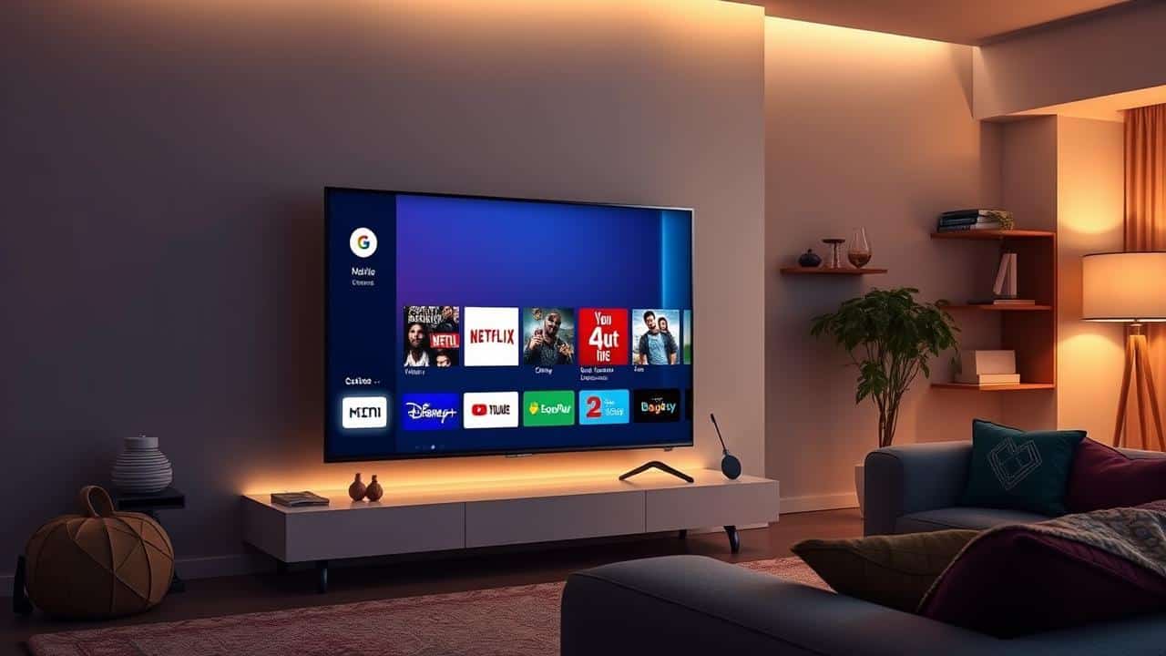 Chromecast 4K conectado à TV com interface Google TV e aplicativos