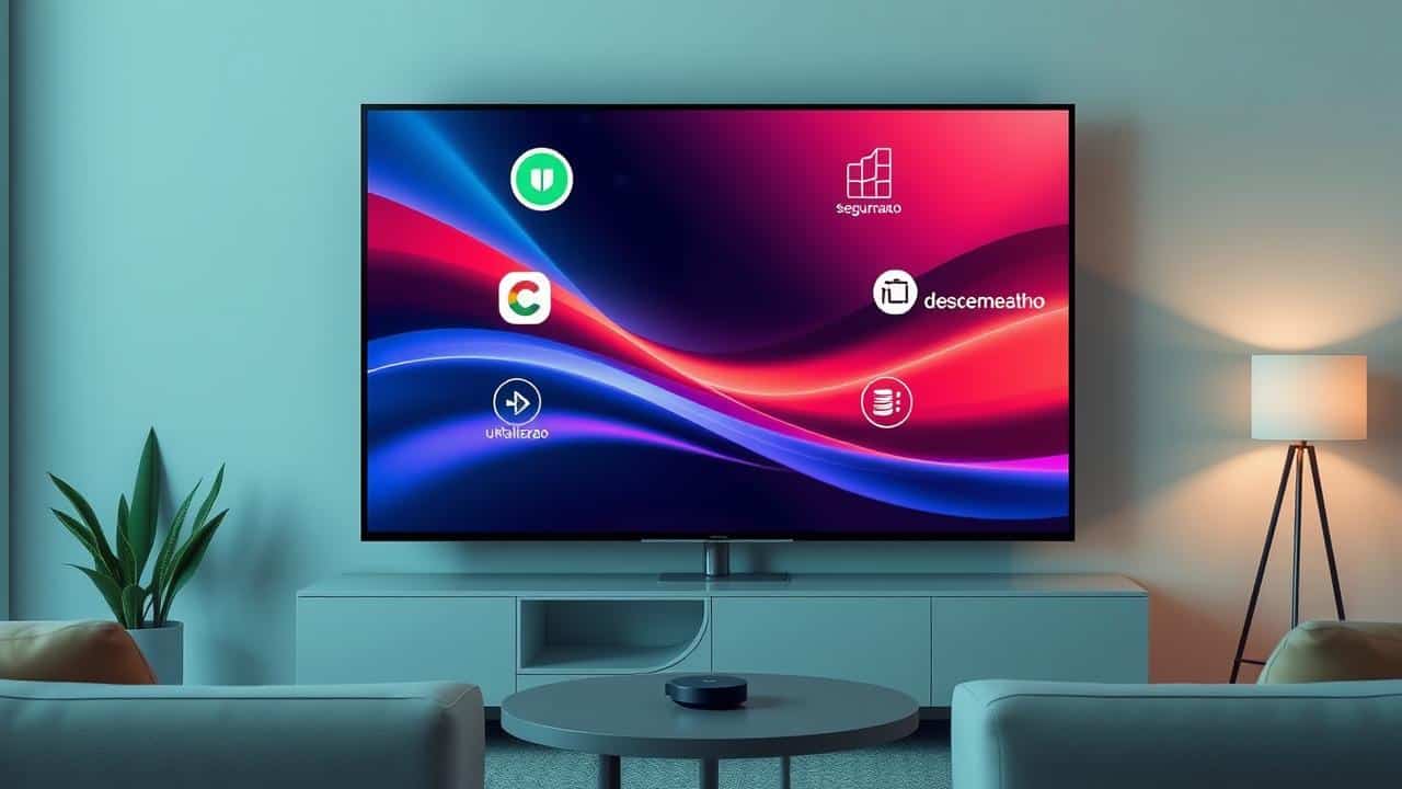 Ilustração moderna de um Google Chromecast conectado a uma TV, com símbolos de atualização, segurança e desempenho flutuando ao redor.