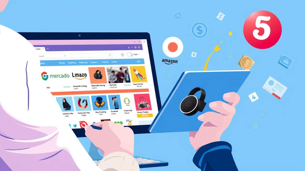 Pessoa pesquisando Chromecast online em computador e tablet, comparando preços.
