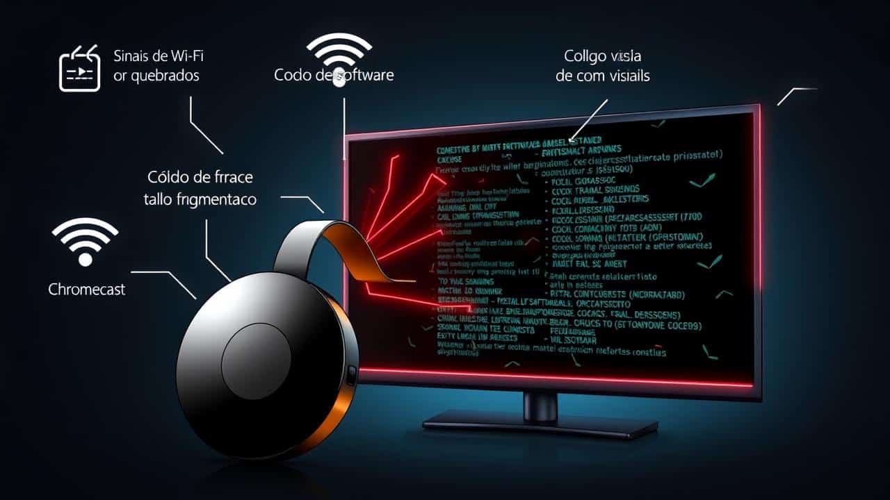 Ilustração digital mostrando problemas comuns no Chromecast como Wi-Fi fraco e software com falhas.