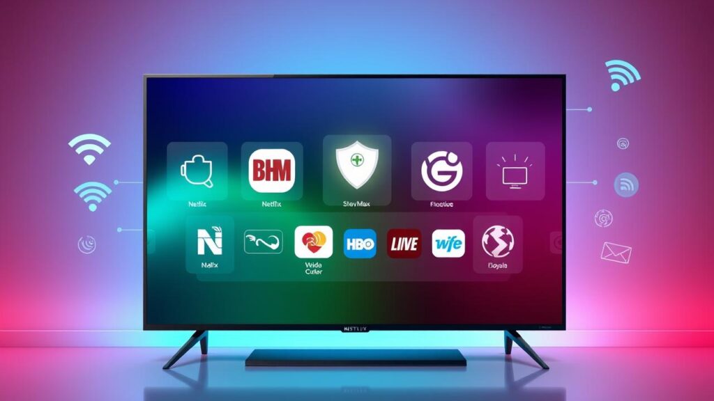 Smart TV com aplicativos de streaming e símbolos de segurança cibernética em design vibrante.