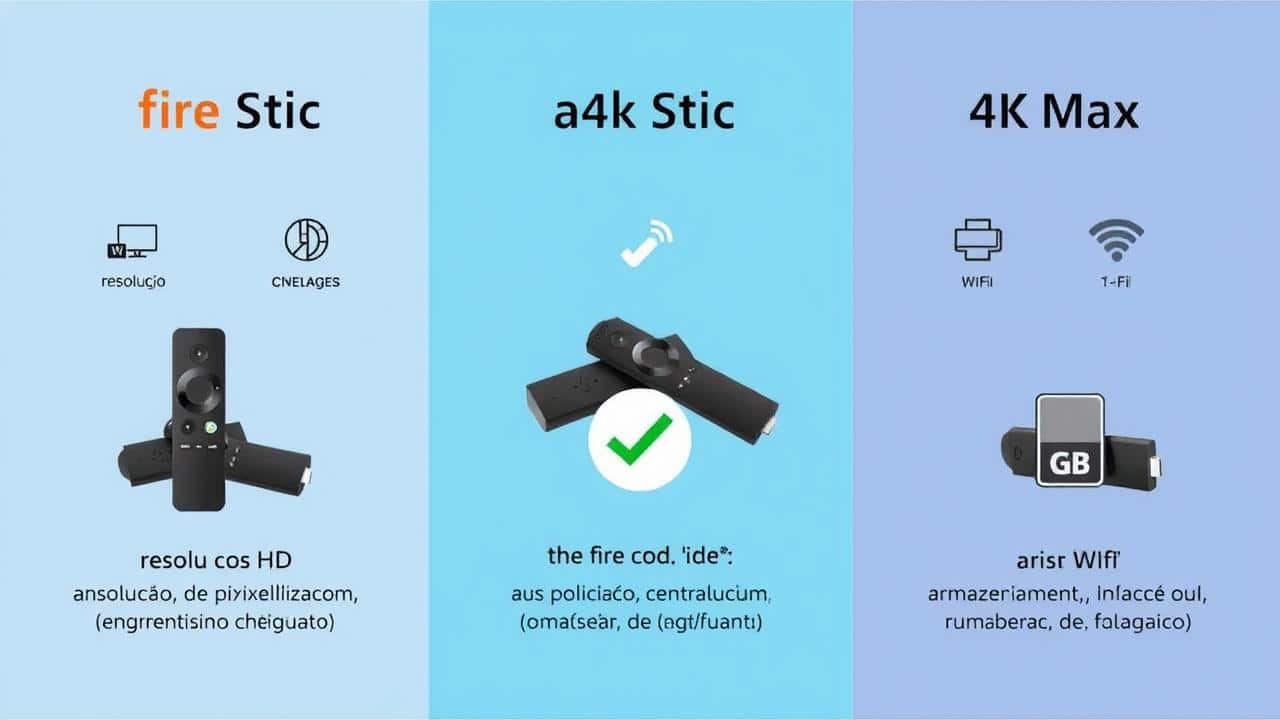 Infográfico comparativo dos modelos Fire TV Stick, destacando diferenças visuais de resolução, processamento, Wi-Fi e armazenamento.