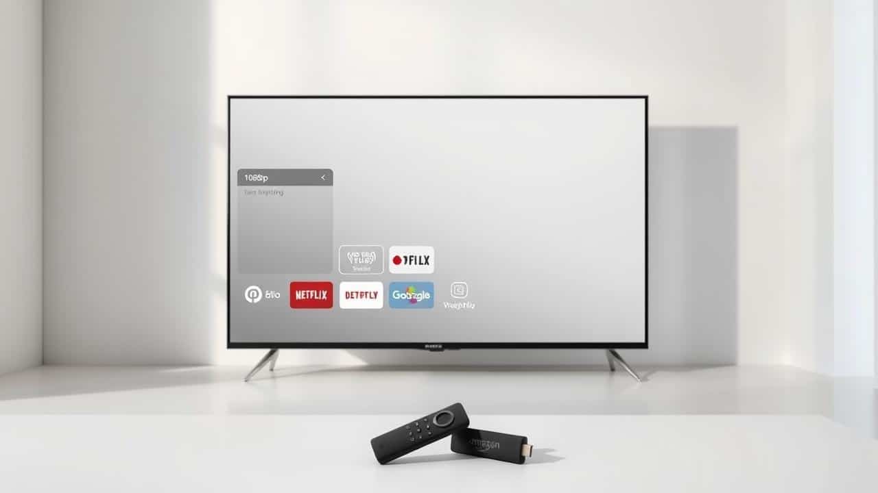 Ilustração minimalista de TV exibindo interface de streaming 1080p com Fire TV Stick HD.