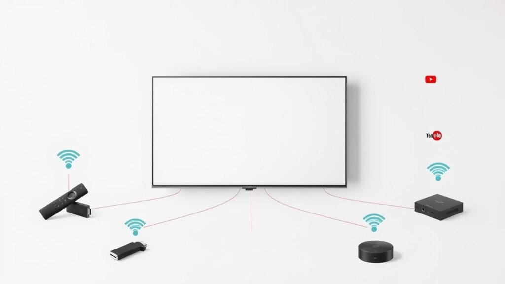 Ilustração de vários dispositivos de streaming (Fire TV Stick, Chromecast, TV Box) conectados a uma TV moderna.