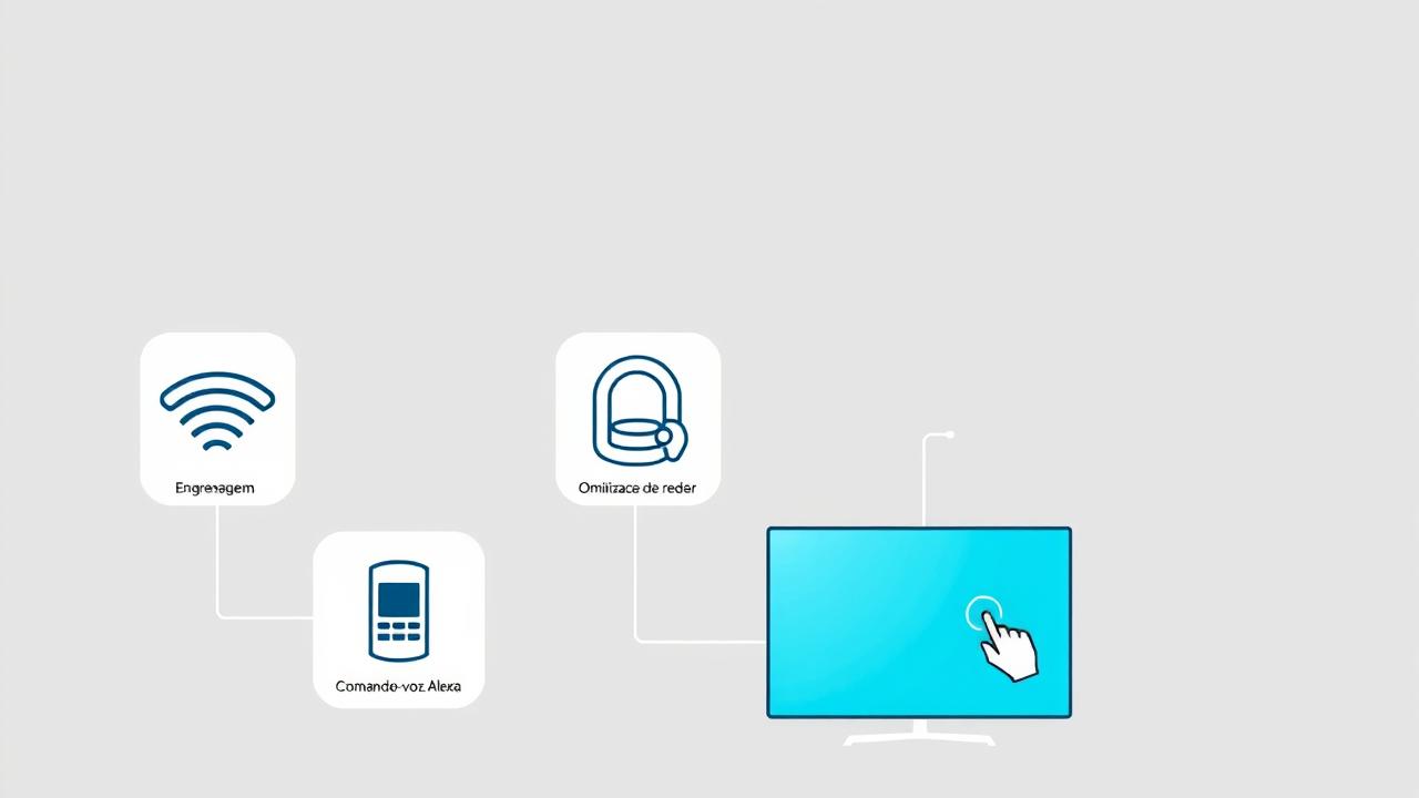 Ilustração de ícones representando dicas de otimização para Fire TV Stick, incluindo configurações, Wi-Fi, armazenamento e voz.