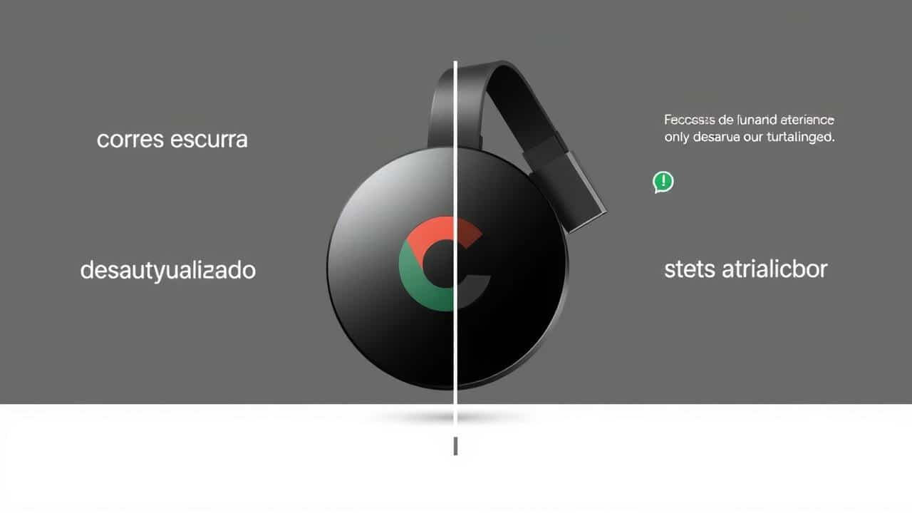Ilustração comparativa de um Chromecast desatualizado com problemas e um Chromecast atualizado e seguro.