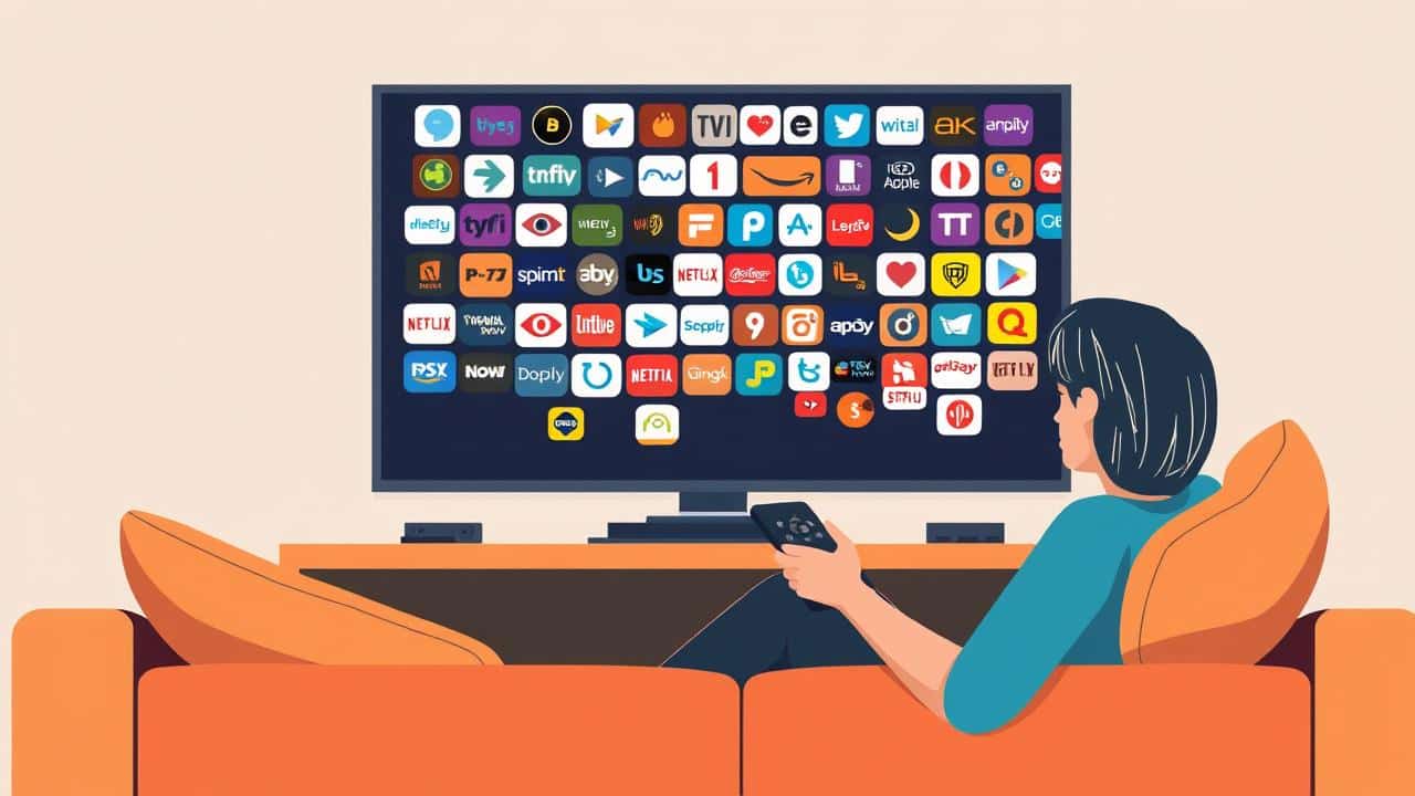 Pessoa em sofá com controle remoto, confusa com opções de streaming na TV.