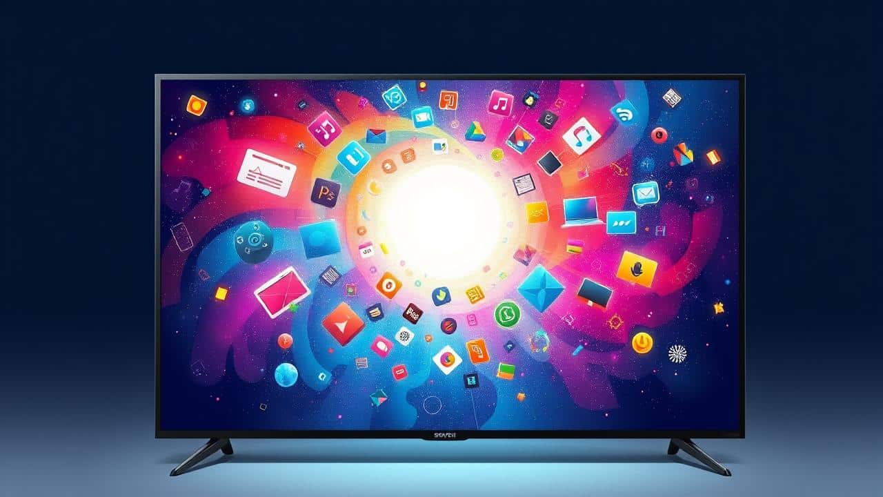 Ilustração vibrante de Smart TV como portal para universo de apps de streaming e jogos.
