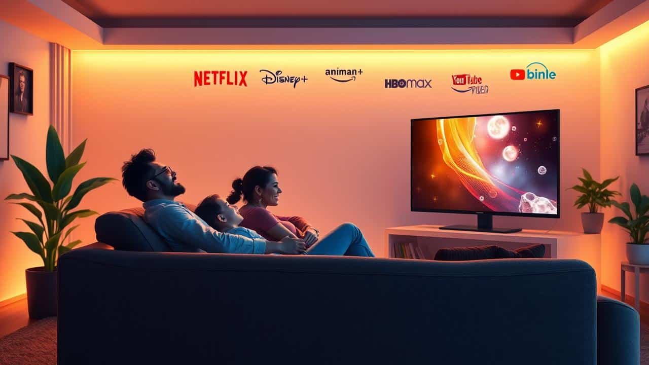Família assistindo TV em sala aconchegante com ícones de apps de streaming ao redor