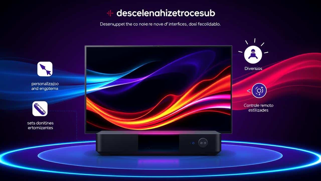 Ilustração vibrante simbolizando desempenho rápido e novos recursos para um dispositivo de streaming, com ícones de velocidade e personalização.