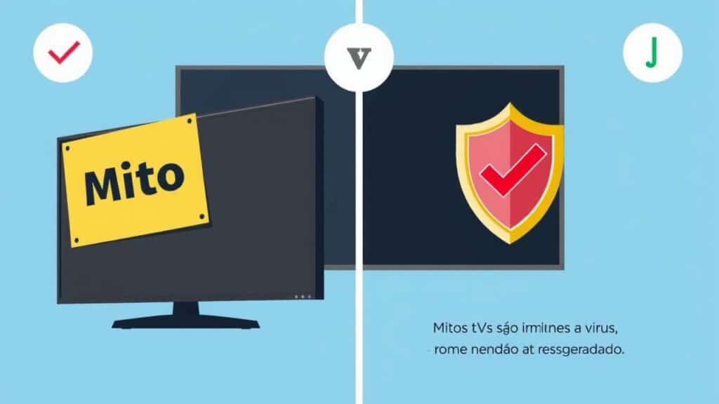 Ilustração comparando mitos e verdades sobre a segurança da Smart TV.